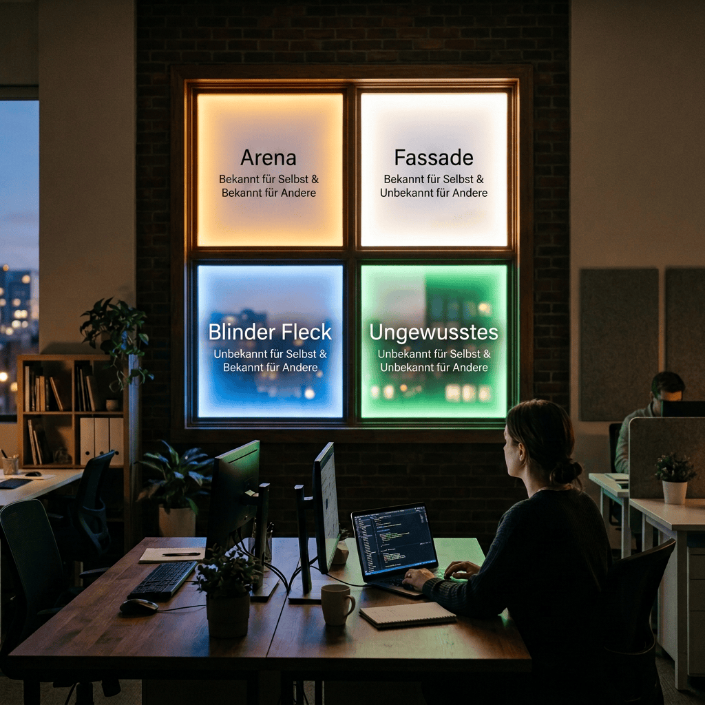 Person coding on a laptop in an office with colorful illuminated windows