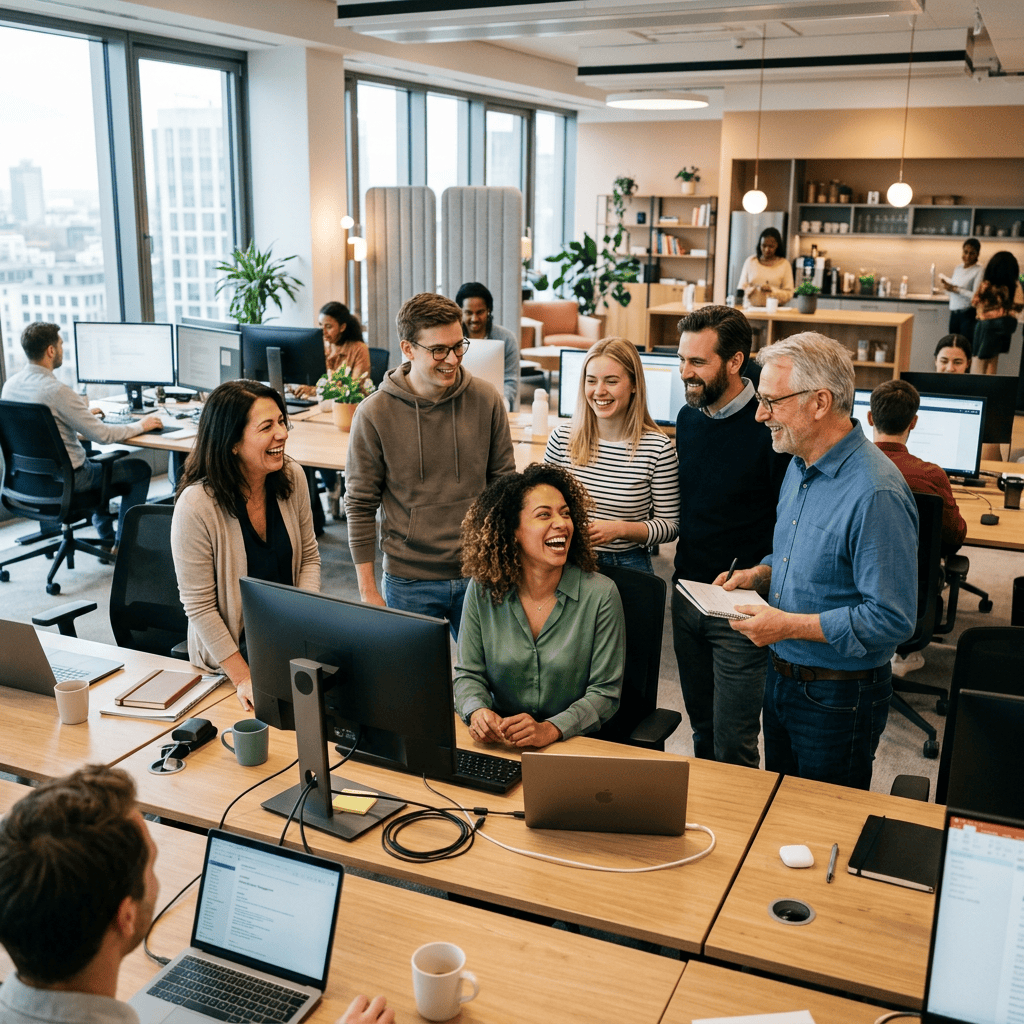 Diverse coworkers collaborating in a bright open-plan office